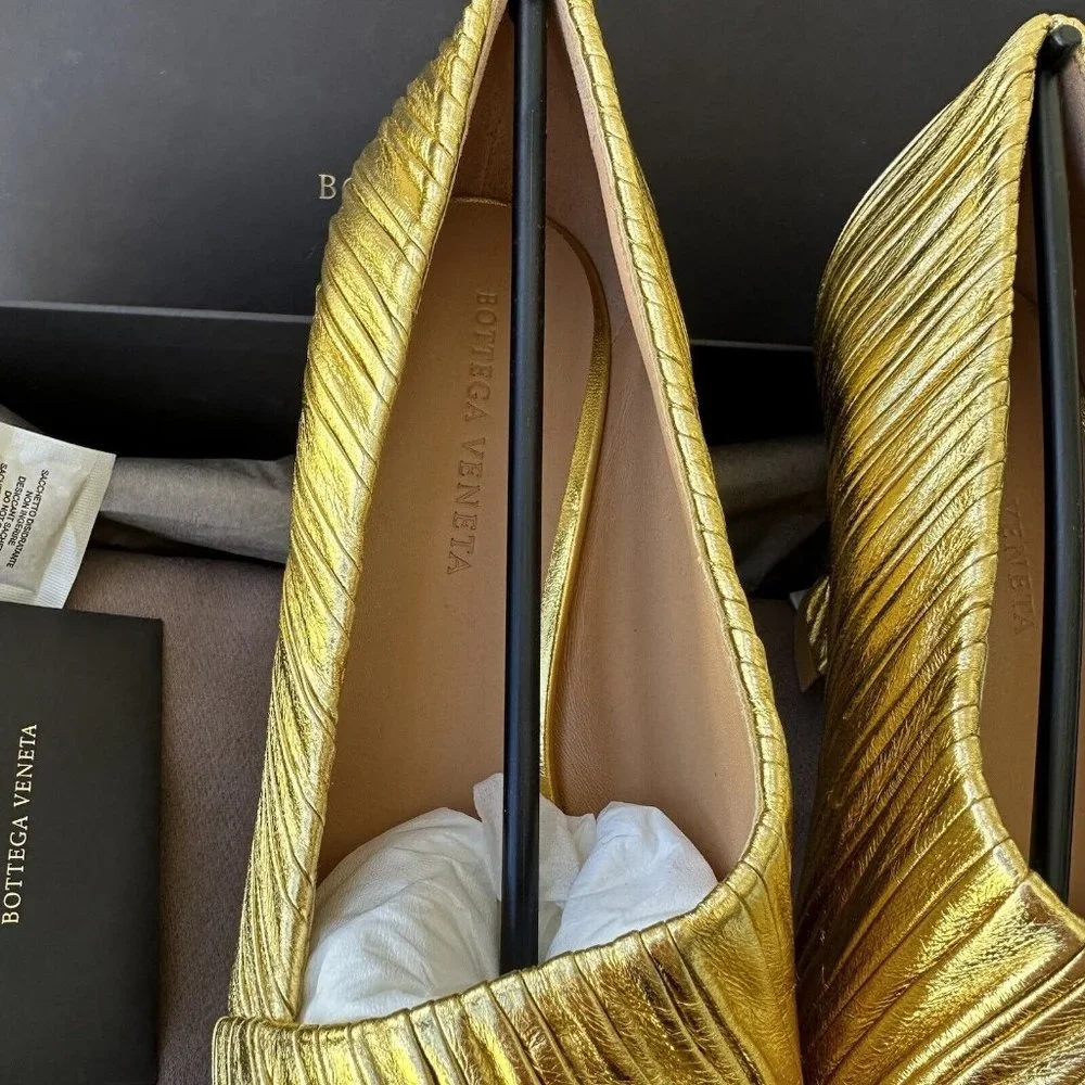 NEW Bottega Veneta Ladies Gold Heels Shoes Yellow Almond 75mm Pumps sz 39.5 - Picture 7 of 7